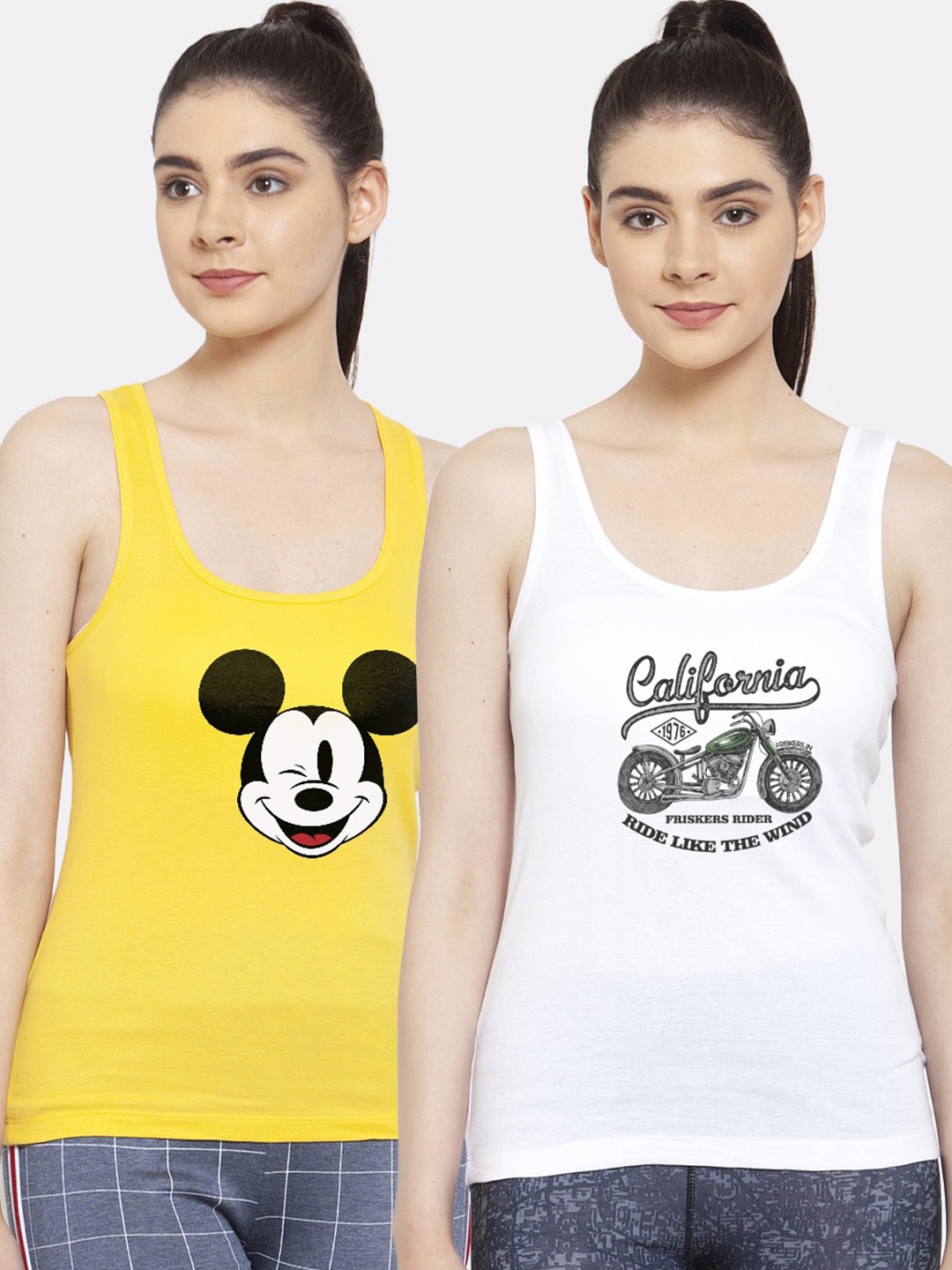 

Friskers Pack of 2 Yellow & White Graphic Printed Casual Tank Top