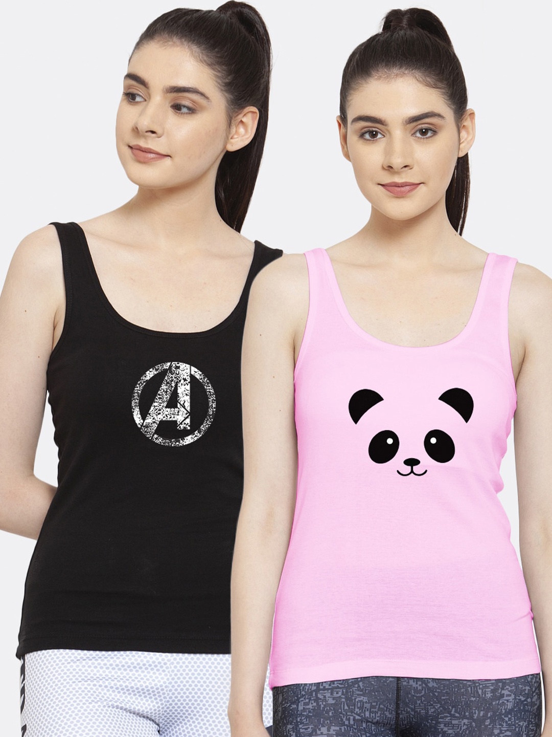 

Friskers Pack of 2 Graphic Printed Black & Pink Casual Tank Top