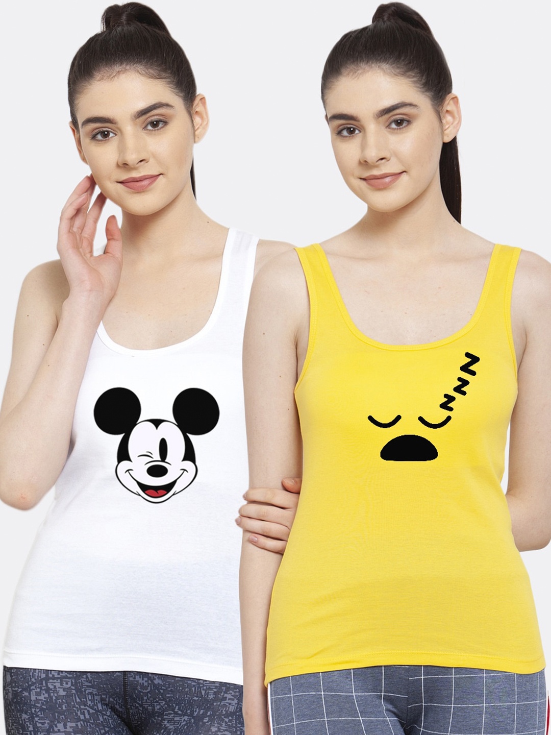 

Friskers Pack of 2 White & Yellow Graphic Printed Casual Tank Top