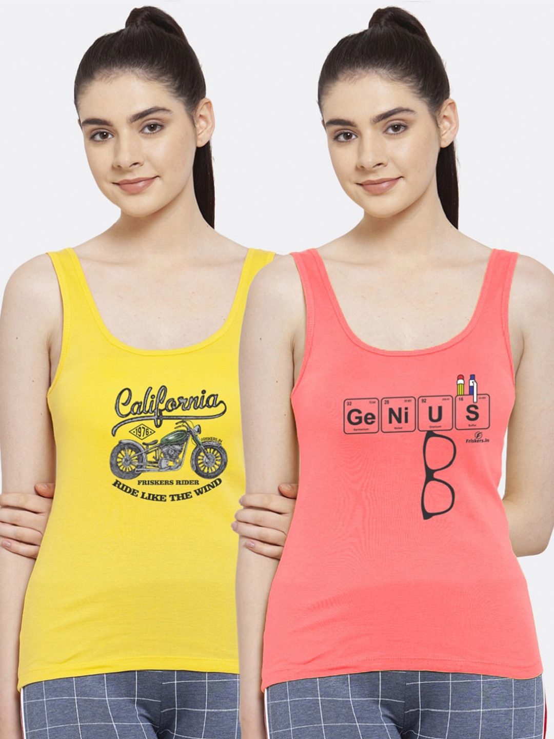 

Friskers Women Pack of 2 Printed Pure Cotton Tank Top, Yellow