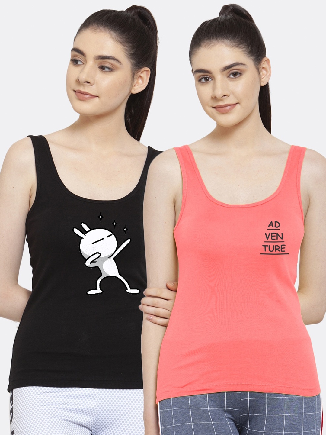 

Friskers Women Pack of 2 Printed Pure Cotton Tank Top, Black