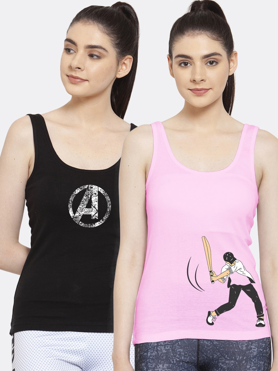 

Friskers Women Pack of 2 Printed Pure Cotton Tank Top, Black