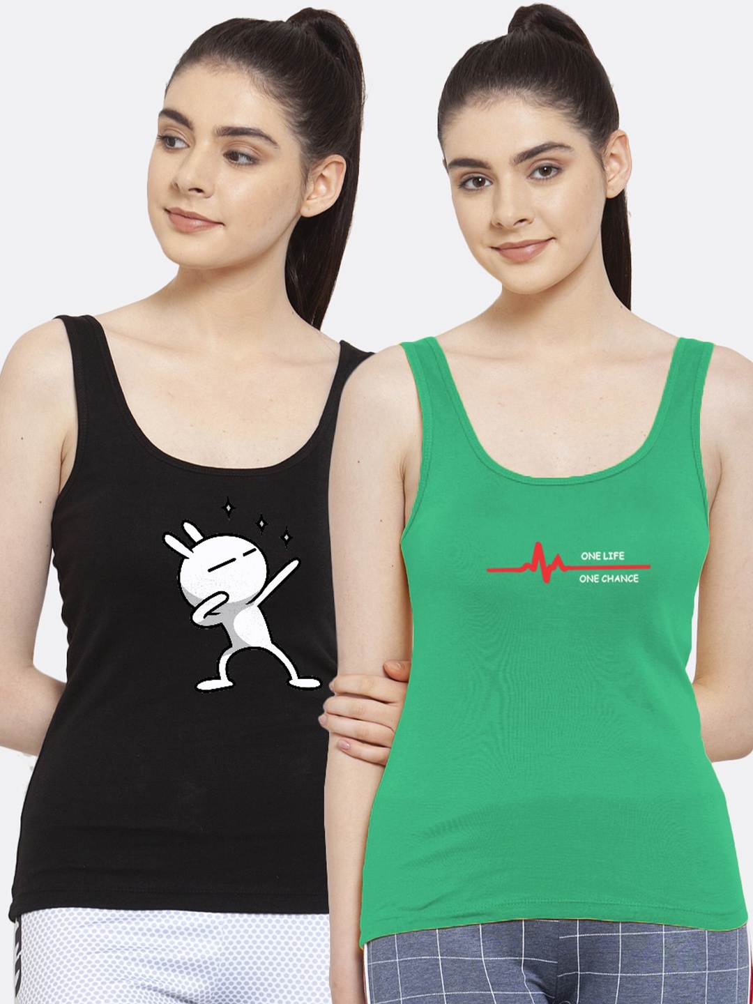 

Friskers Women Pack of 2 Printed Pure Cotton Tank Top, Black
