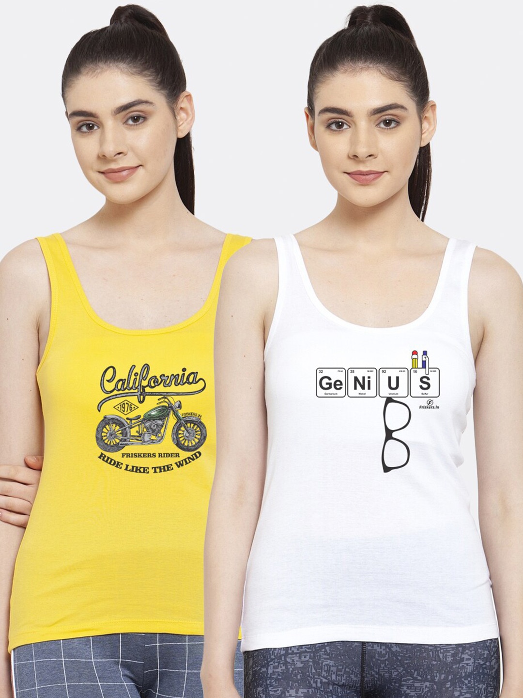 

Friskers Women Pack of 2 Typography Printed Pure Cotton Tank Top, Yellow