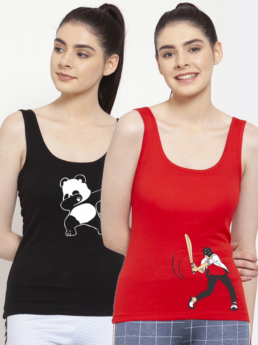 

Friskers Women Pack of 2 Graphic Printed Pure Cotton Tank Top, Black