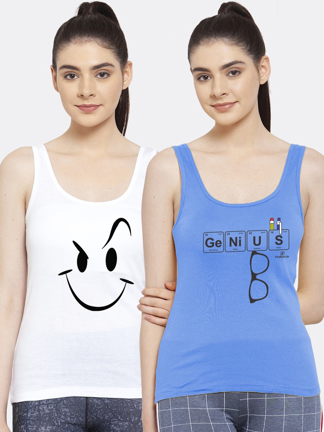 

Friskers Women Pack of 2 Printed Pure Cotton Tank Top, White
