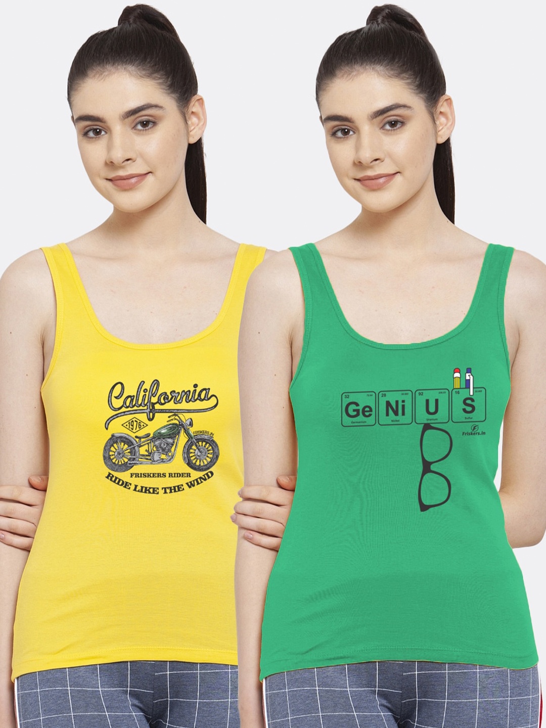 

Friskers Women Pack of 2 Typography Printed Pure Cotton Tank Top, Yellow