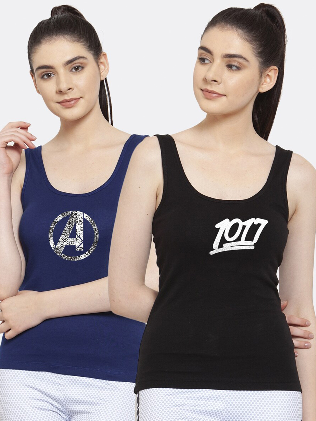 

Friskers Women Pack of 2 Printed Pure Cotton Tank Top, Blue