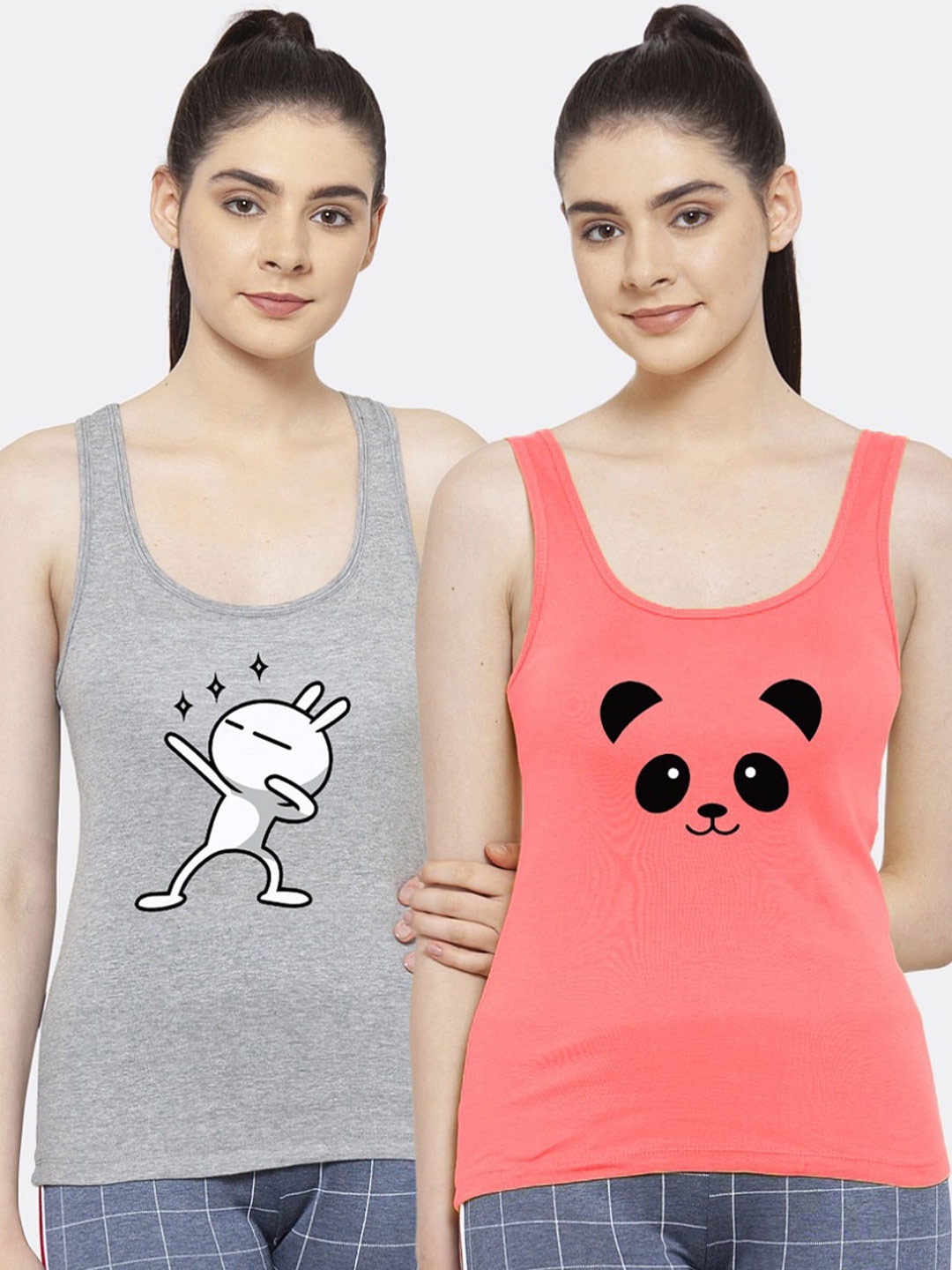 

Friskers Women Pack of 2 Graphic Printed Pure Cotton Tank Top, Grey