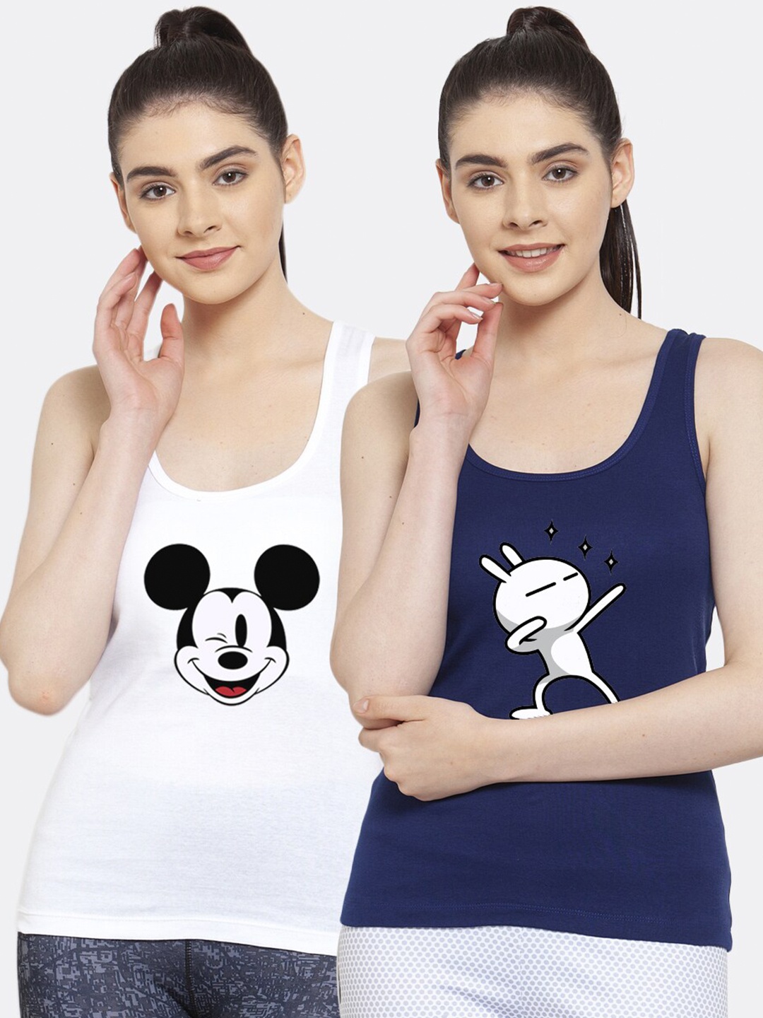 

Friskers Women Pack of 2 Graphic Printed Pure Cotton Tank Top, White