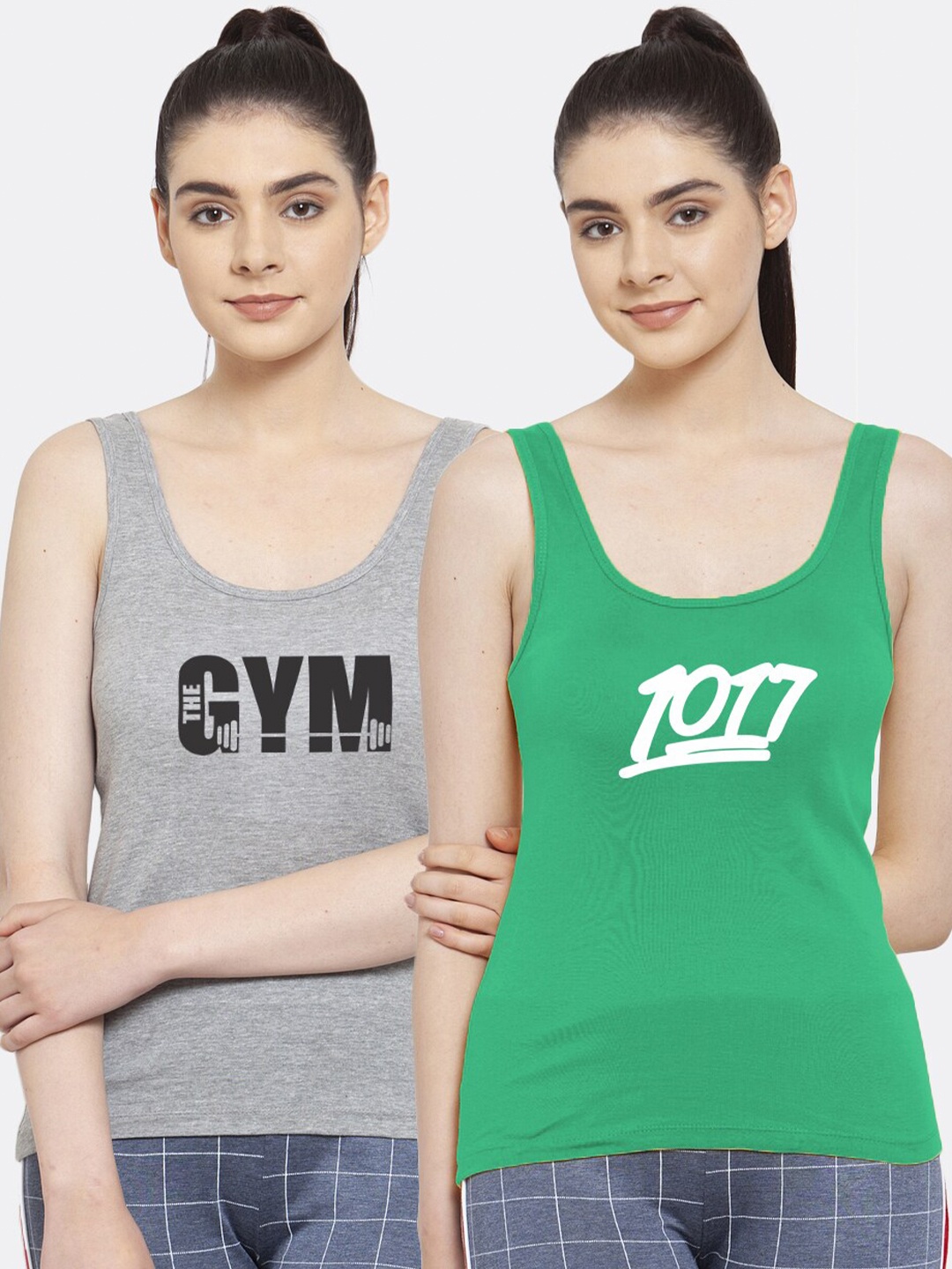 

Friskers Women Pack of 2 Printed Pure Cotton Tank Top, Grey