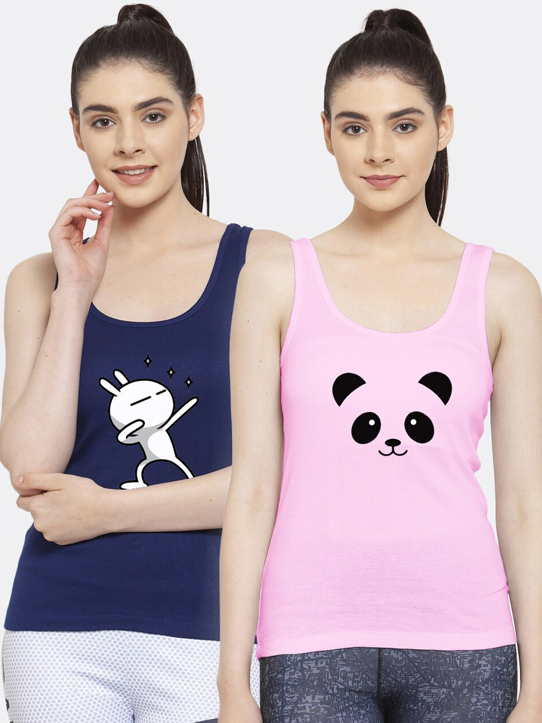

Friskers Women Pack of 2 Graphic Printed Pure Cotton Tank Top, Blue