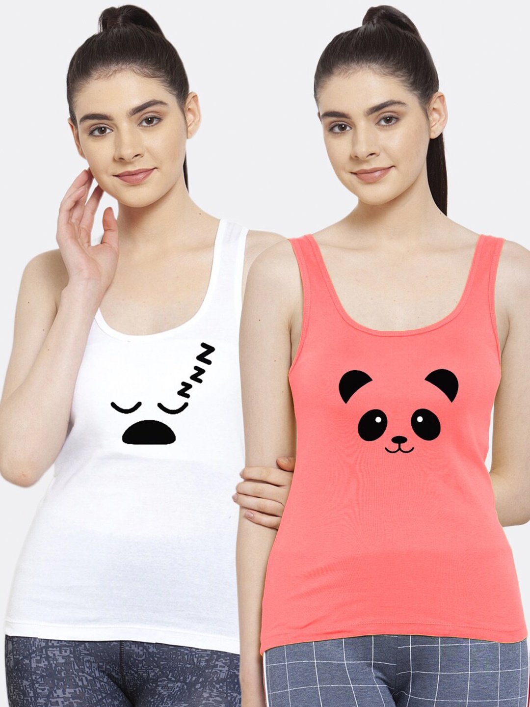 

Friskers Women Pack of 2 Graphic Printed Pure Cotton Tank Top, White
