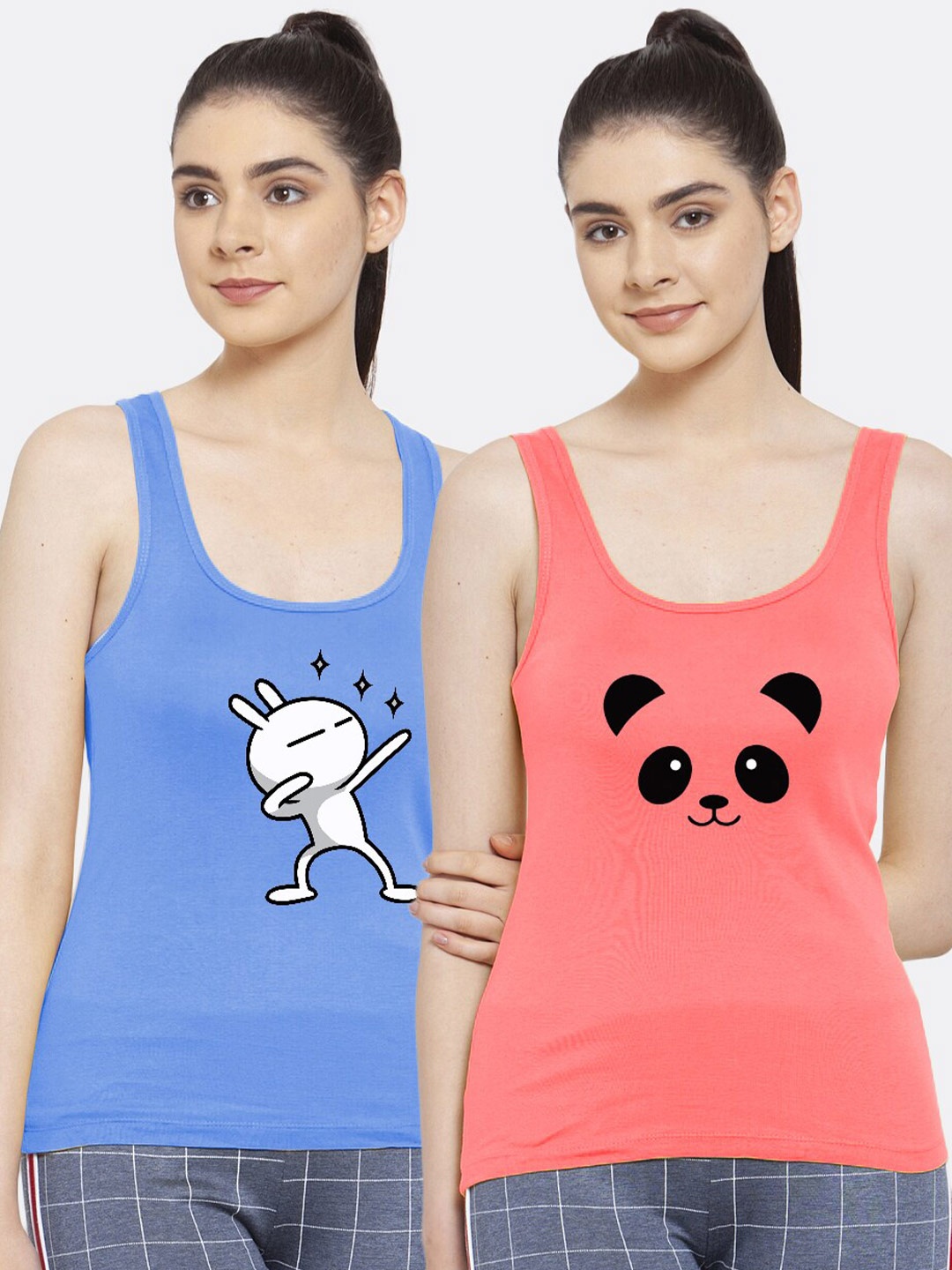

Friskers Women Pack of 2 Graphic Printed Pure Cotton Tank Top, Turquoise blue