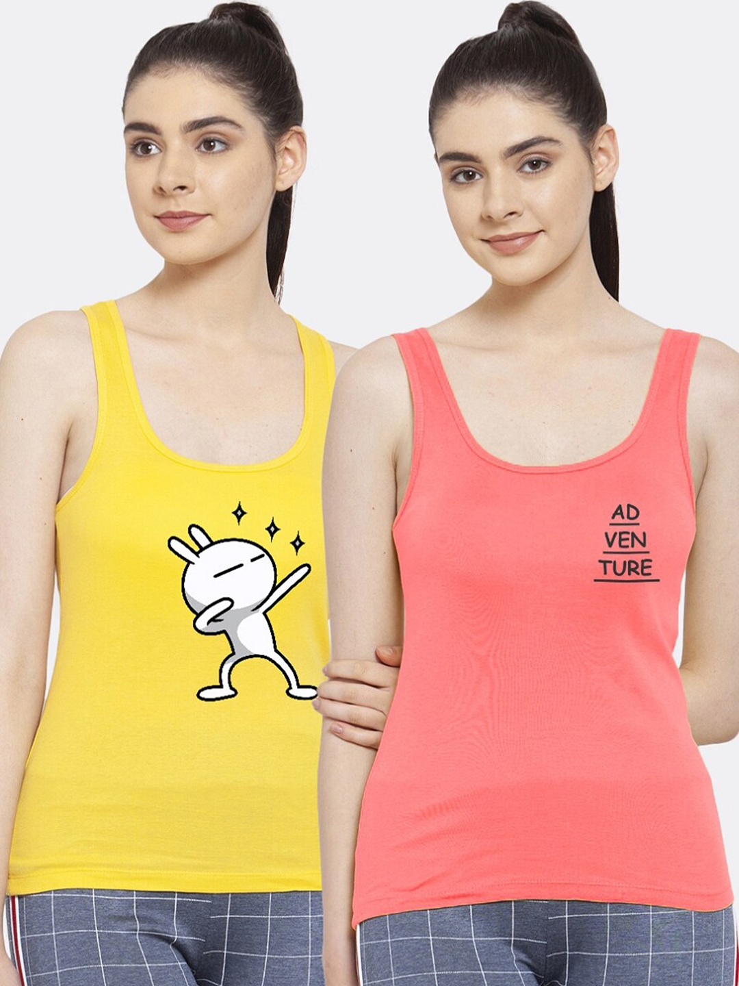 

Friskers Women Pack of 2 Graphic Printed Pure Cotton Tank Top, Yellow