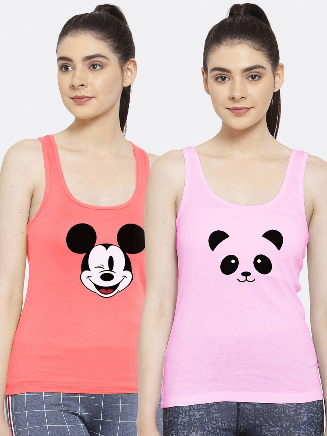 

Friskers Women Pack of 2 Graphic Printed Panda Pure Cotton Tank Top, Coral