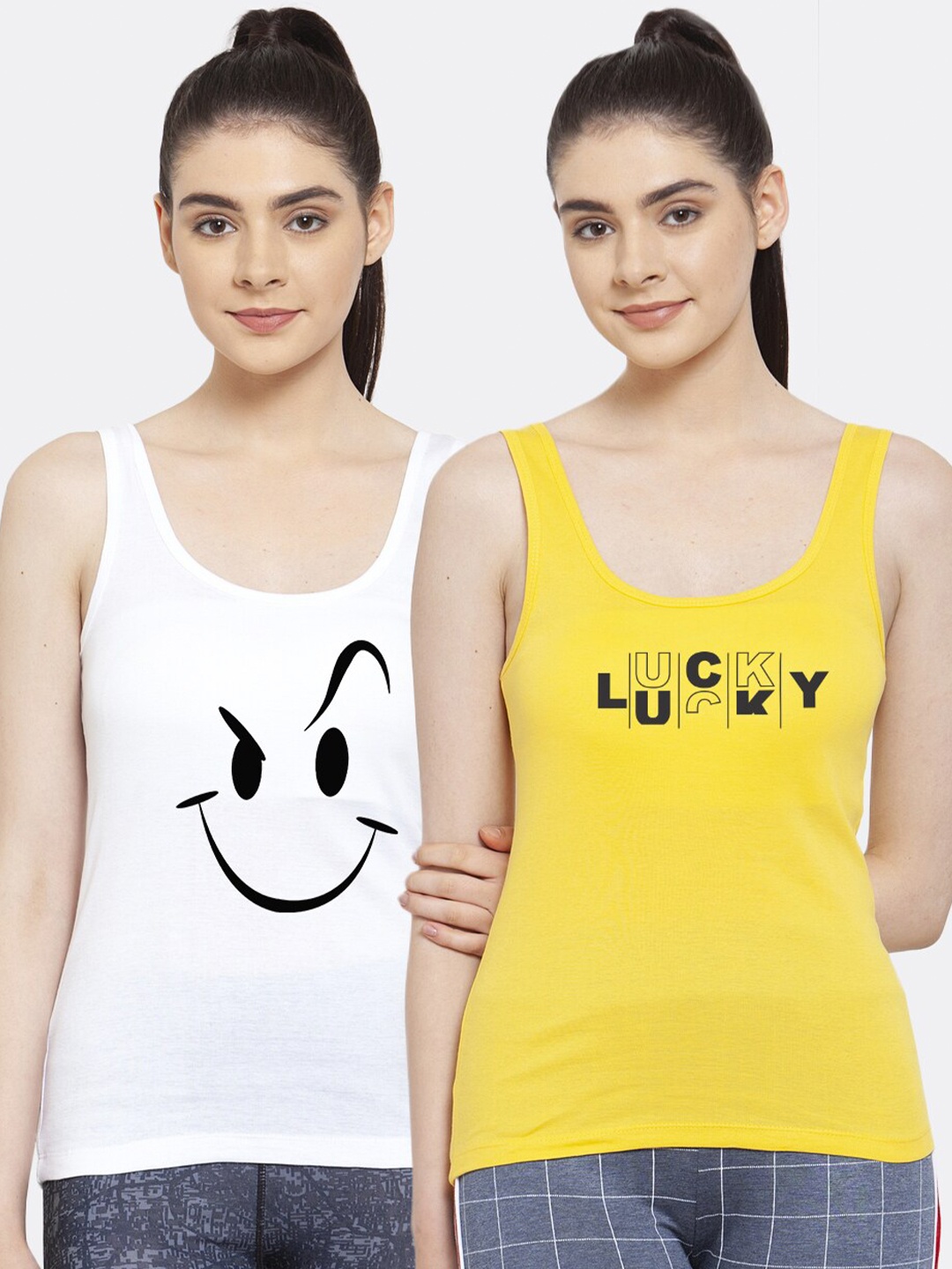 

Friskers Women Pack of 2 Printed Pure Cotton Tank Top, White