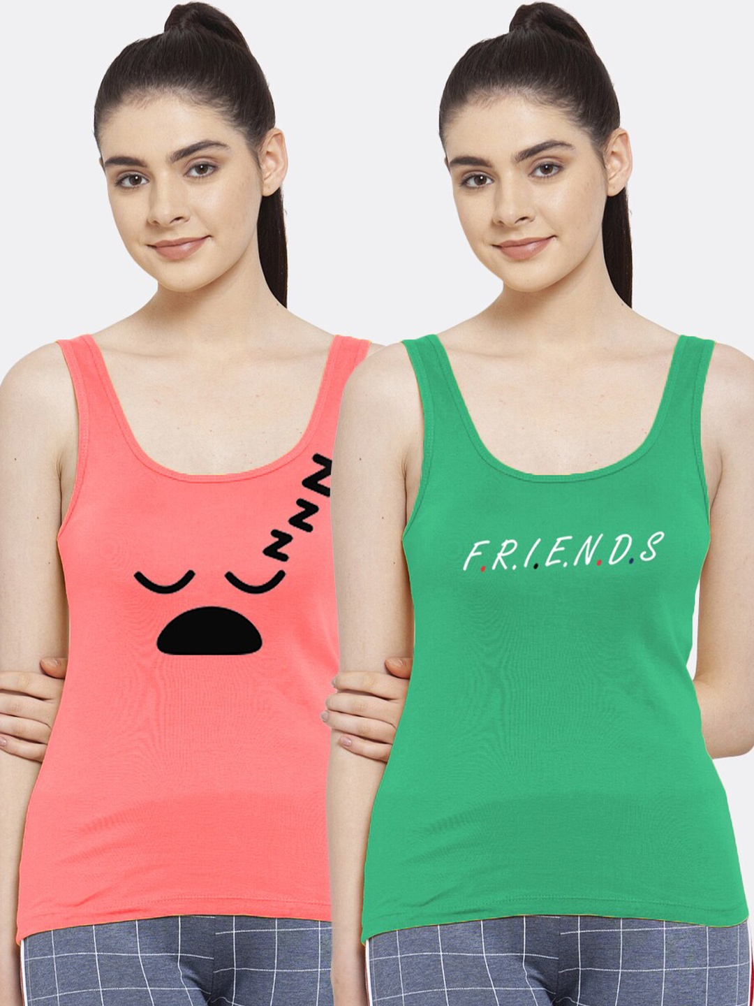 

Friskers Women Pack of 2 Printed Pure Cotton Tank Top, Coral