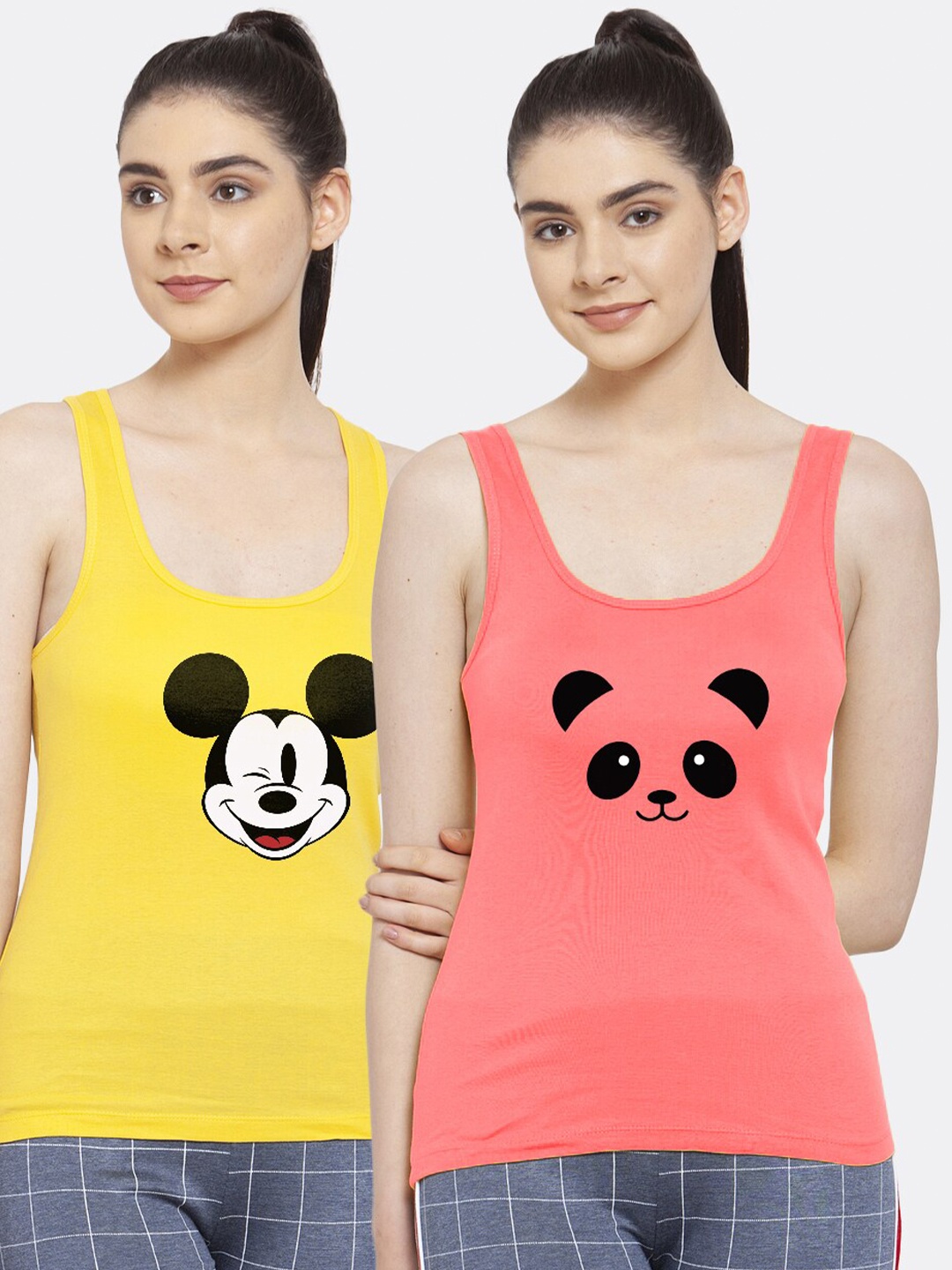 

Friskers Pack of 2 Red & Orange Mickey Mouse Printed Pure Cotton Tank Tops, Yellow