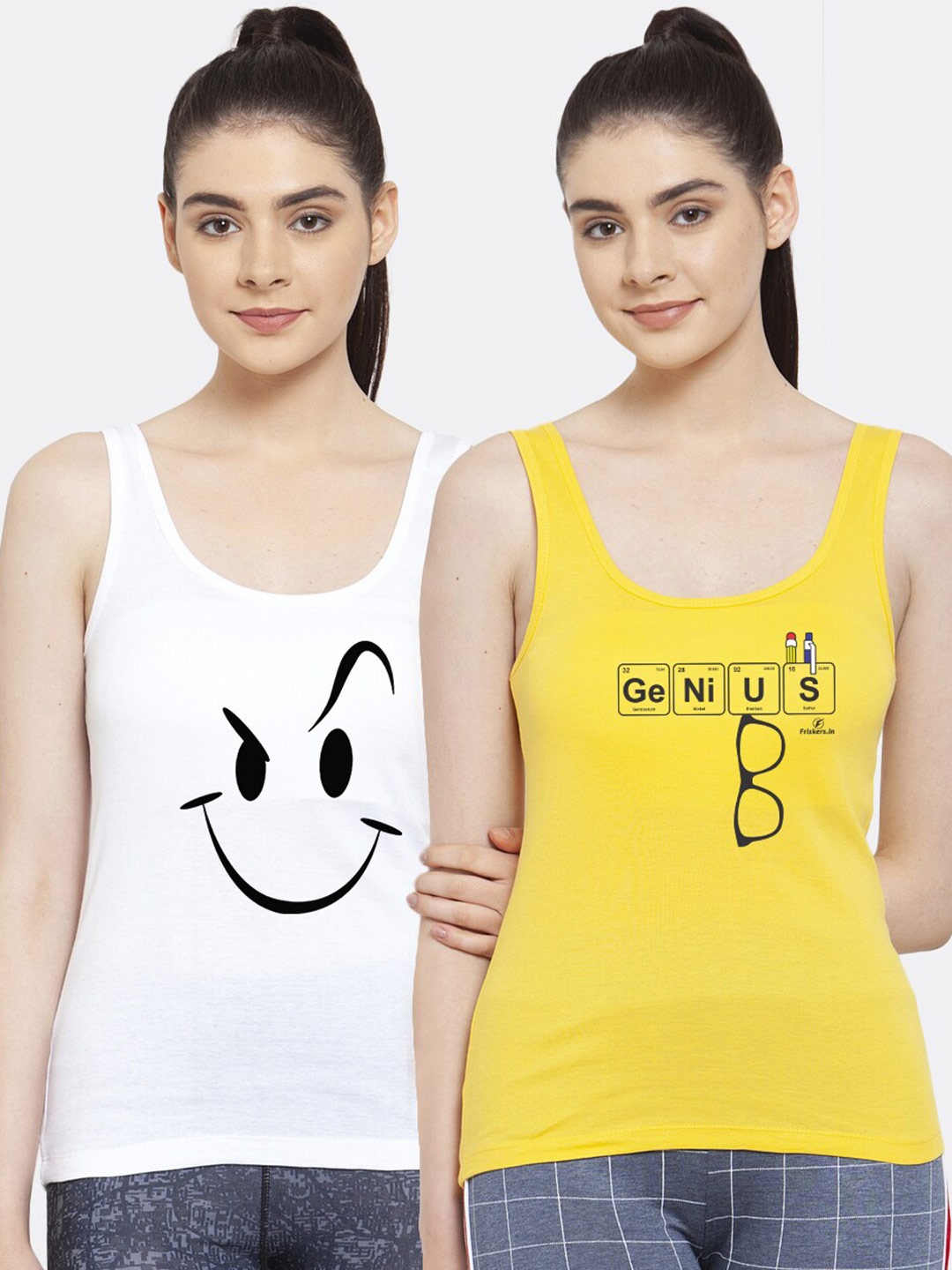 

Friskers Pack of 2 White & Yellow Graphic Printed Casual Tank Top