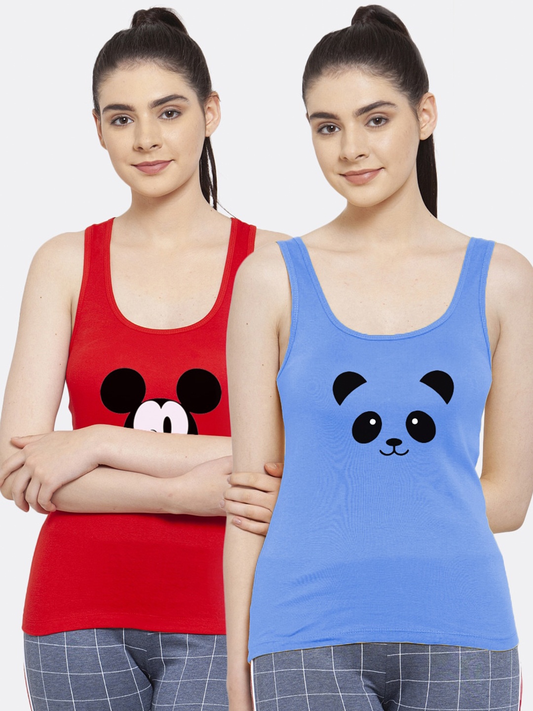 

Friskers Pack of 2 Red & Turquoise Blue Mickey Mouse Printed Pure Cotton Tank Tops