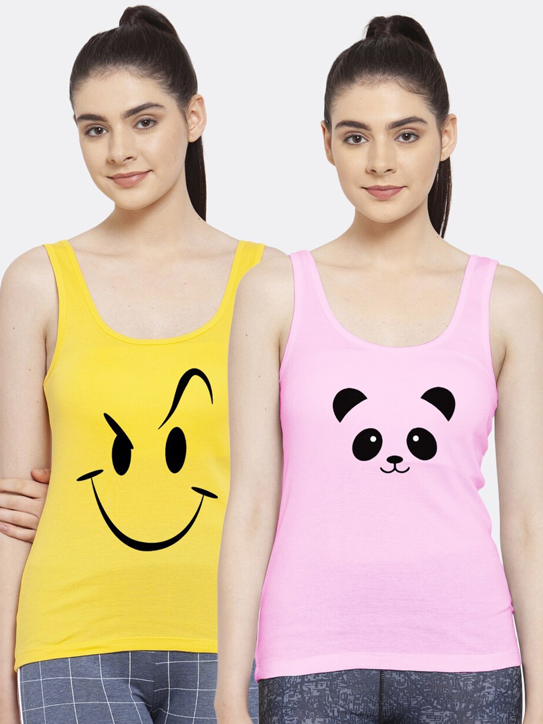 

Friskers Women Pack of 2 Yellow & Pink Graphic Printed Tank Tops