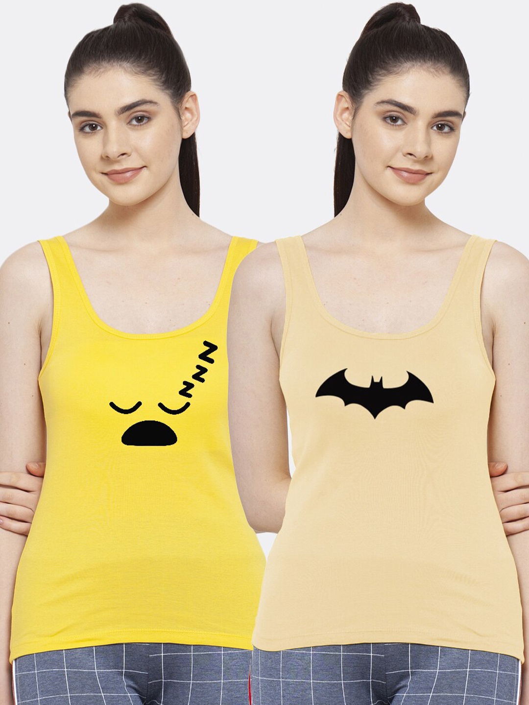 

Friskers Pack Of 2 Yellow & Beige Printed Tank Top