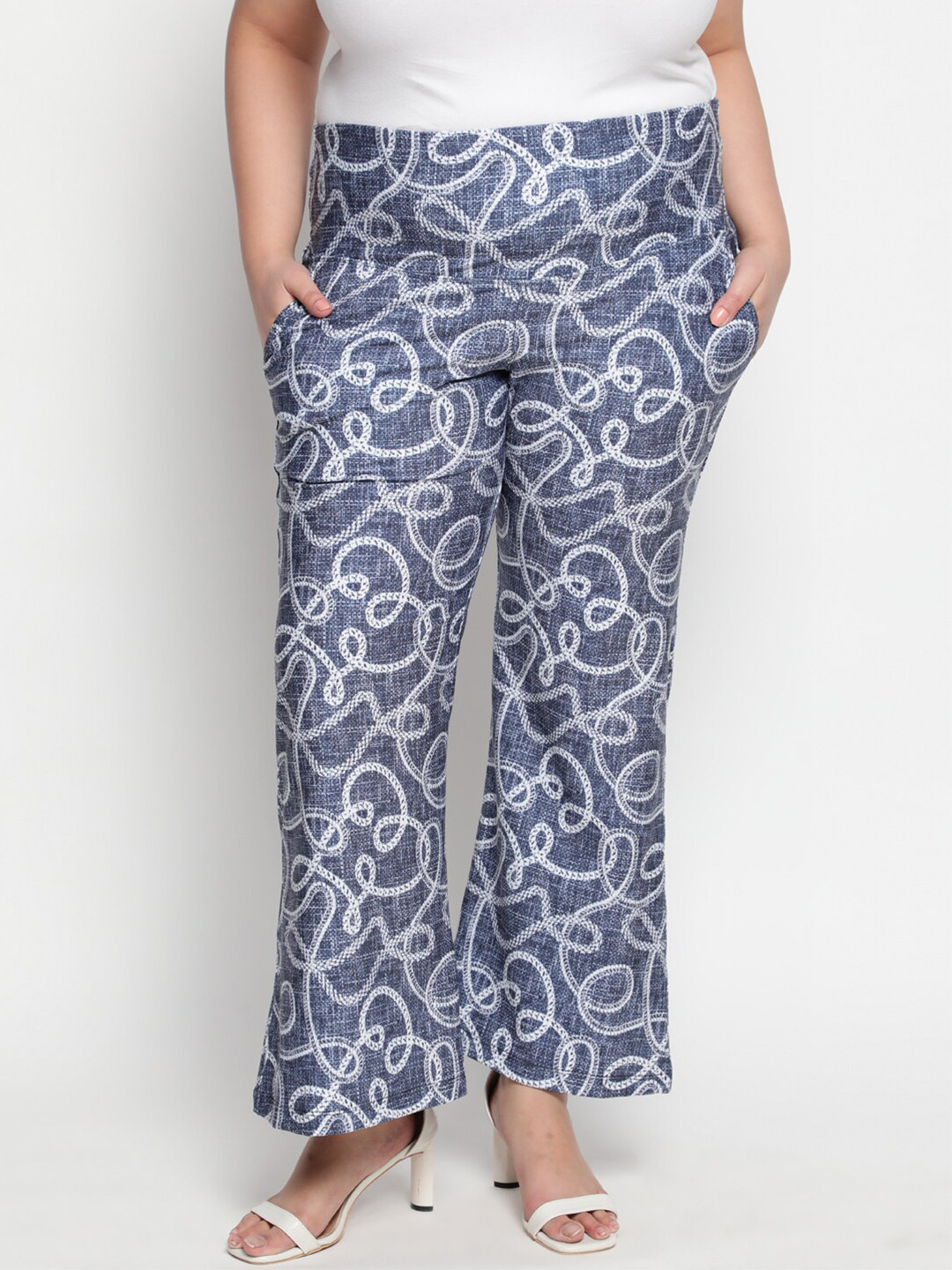 

Amydus Women Plus Size Denim Chain Printed Bootcut Trousers, Blue