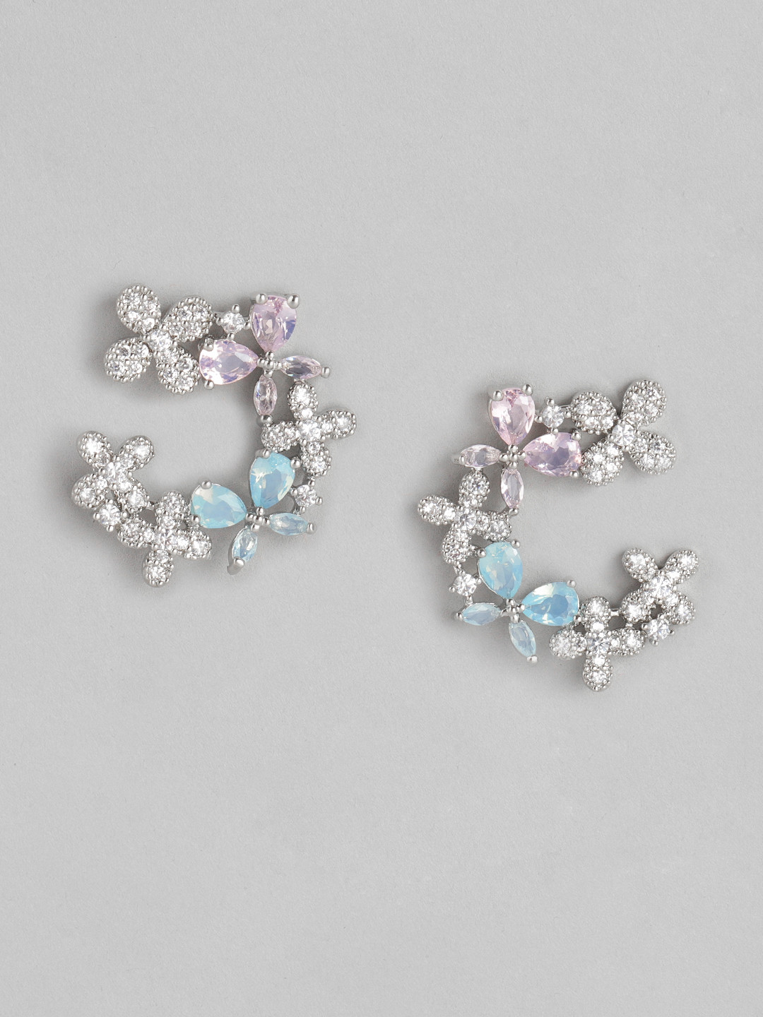 

Carlton London Silver-Toned & Blue Rhodium-Plated CZ-Studded Floral Drop Earrings
