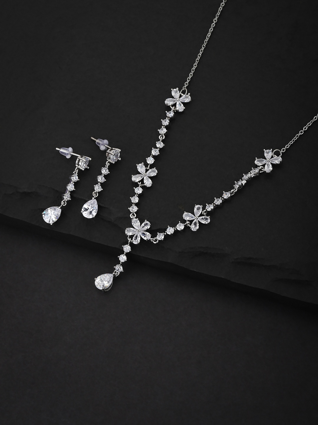 

Carlton London Silver-Toned Rhodium-Plated Handcrafted Floral CZ-Studded Jewellery Set