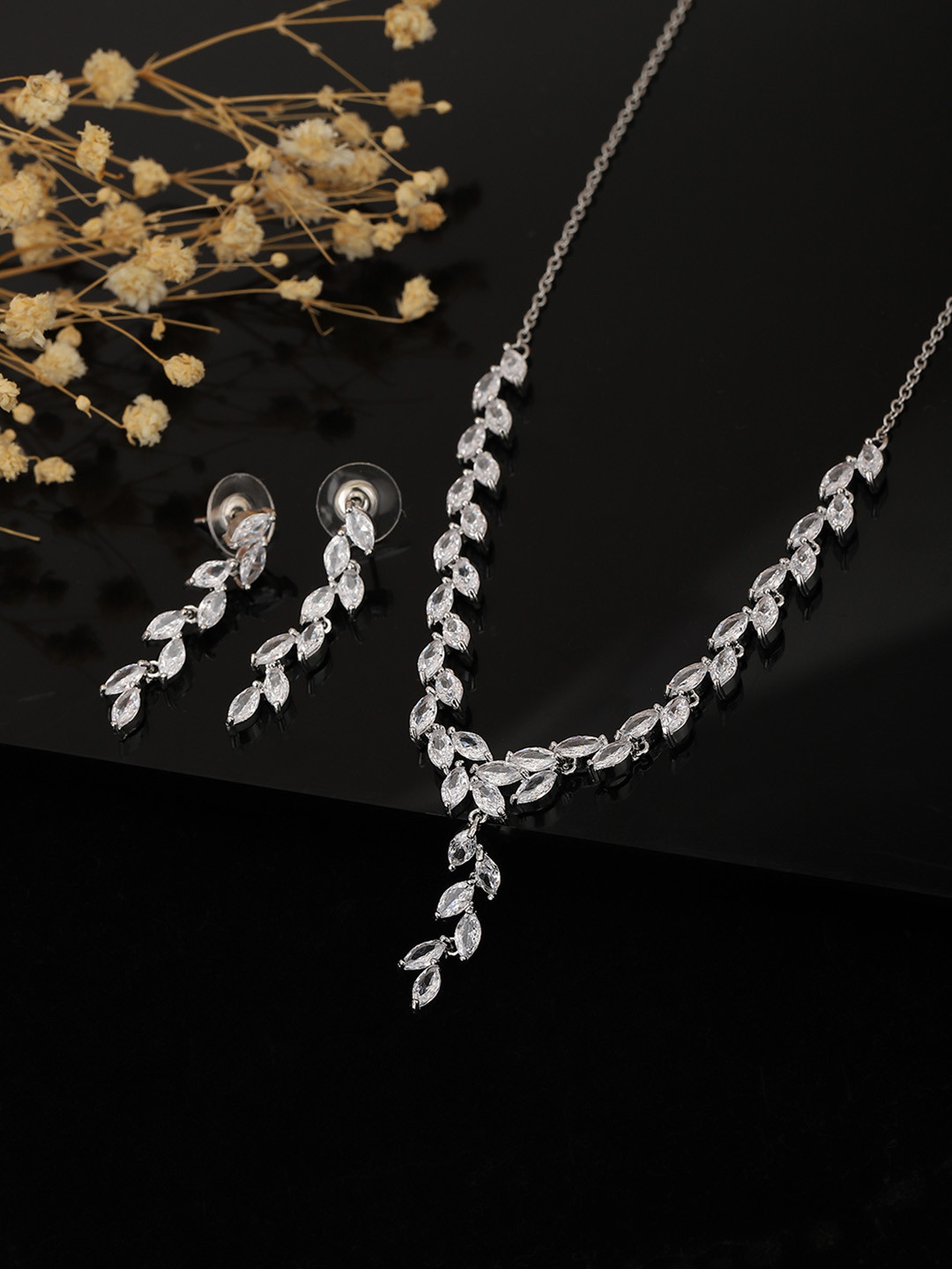 

Carlton London Silver-Toned Rhodium-Plated Vine-Shape Handcrafted CZ-Studded Jewellery Set