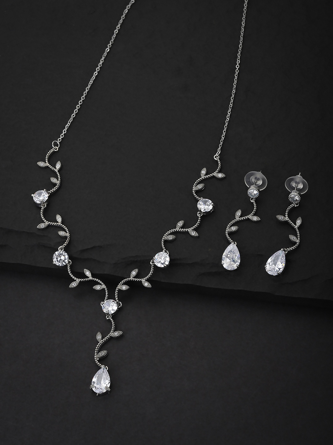 

Carlton London Silver-Toned Rhodium-Plated Handcrafted CZ-Studded Jewellery Set