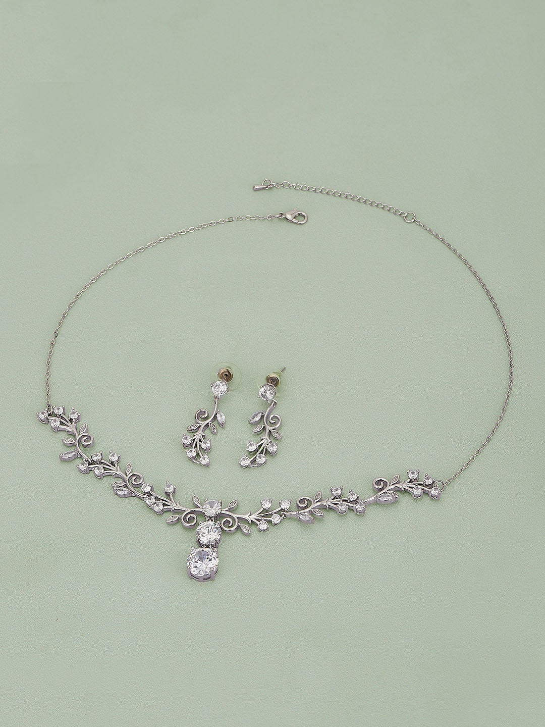 

Carlton London Silver-Toned Rhodium-Plated Vine-Shape Handcrafted CZ-Studded Jewellery Set