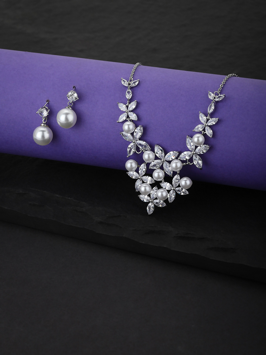 

Carlton London Off-White Rhodium-Plated Handcrafted CZ-Studded & Beaded Jewellery Set, Silver