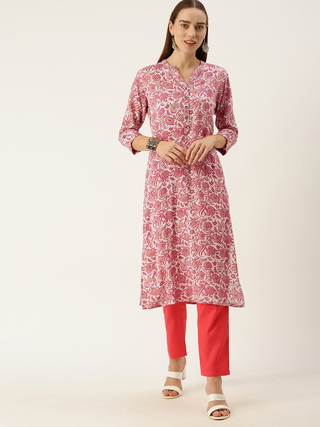 

AMUKTI Women Pink & White Floral Printed Floral Kurta