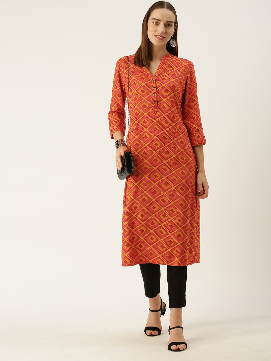 

AMUKTI Women Orange Geometric Printed Kurta