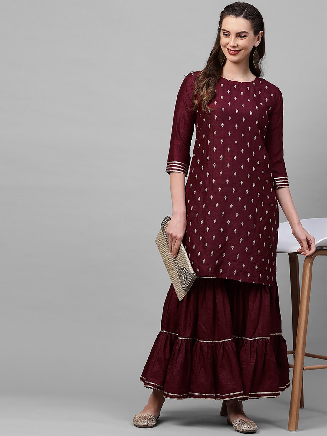 

Indo Era Women Burgundy Embroidered Kurta with Sharara