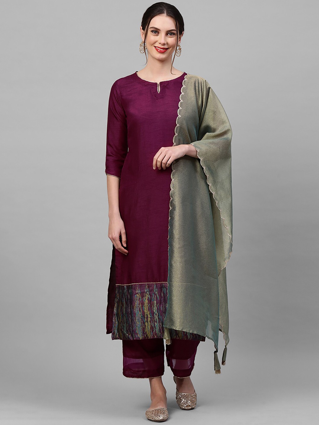 

Indo Era Women Burgundy Kurta with Palazzos & With Dupatta