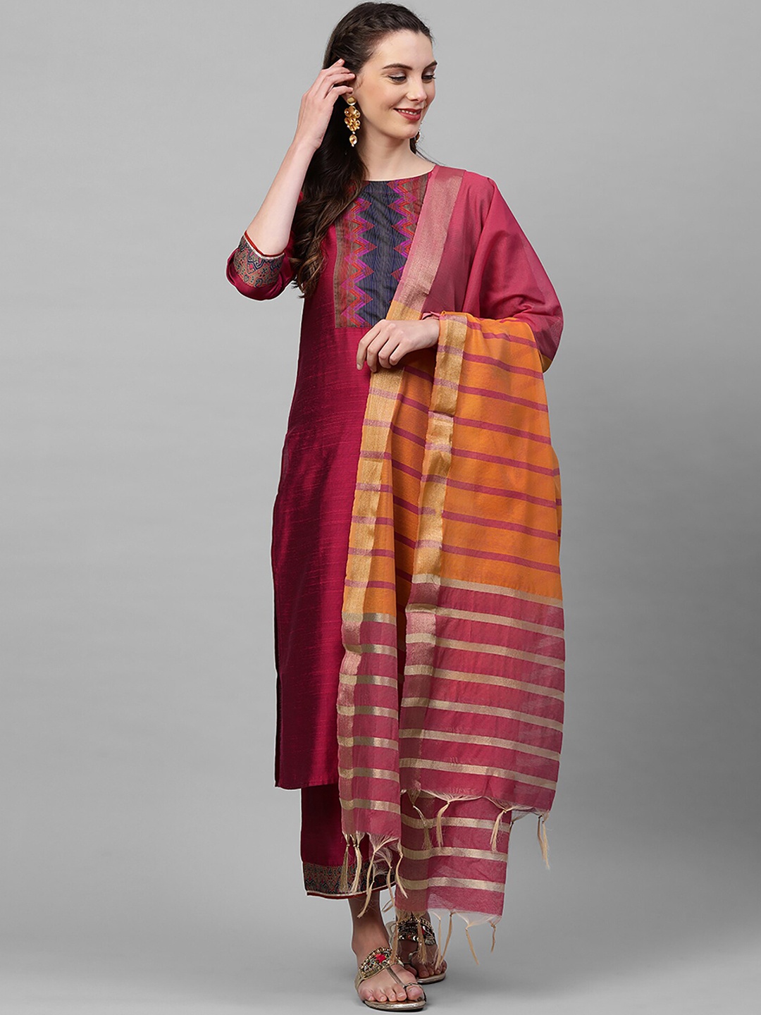 

Indo Era Women Maroon Kurta with Trousers & With Dupatta