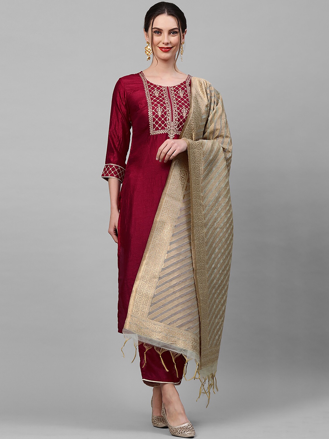 

Indo Era Women Burgundy Yoke Design Kurta with Trousers & With Dupatta