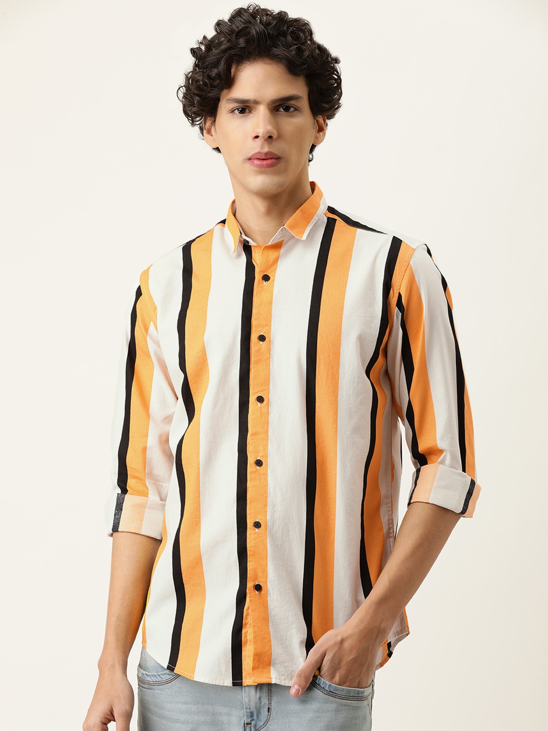 

Bene Kleed Men White & Yellow Slim Fit Multi Stripes Striped Anti Bacterial Finish Shirt