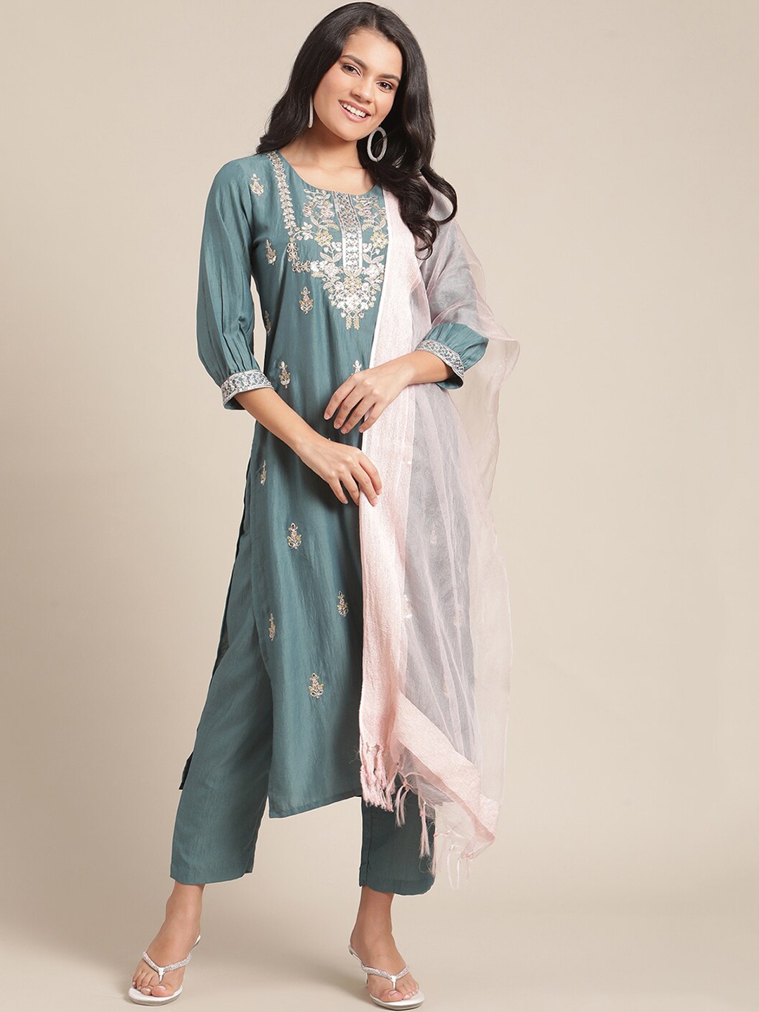 

Varanga Women Teal Green Floral Embroidered Kurta with Trousers
