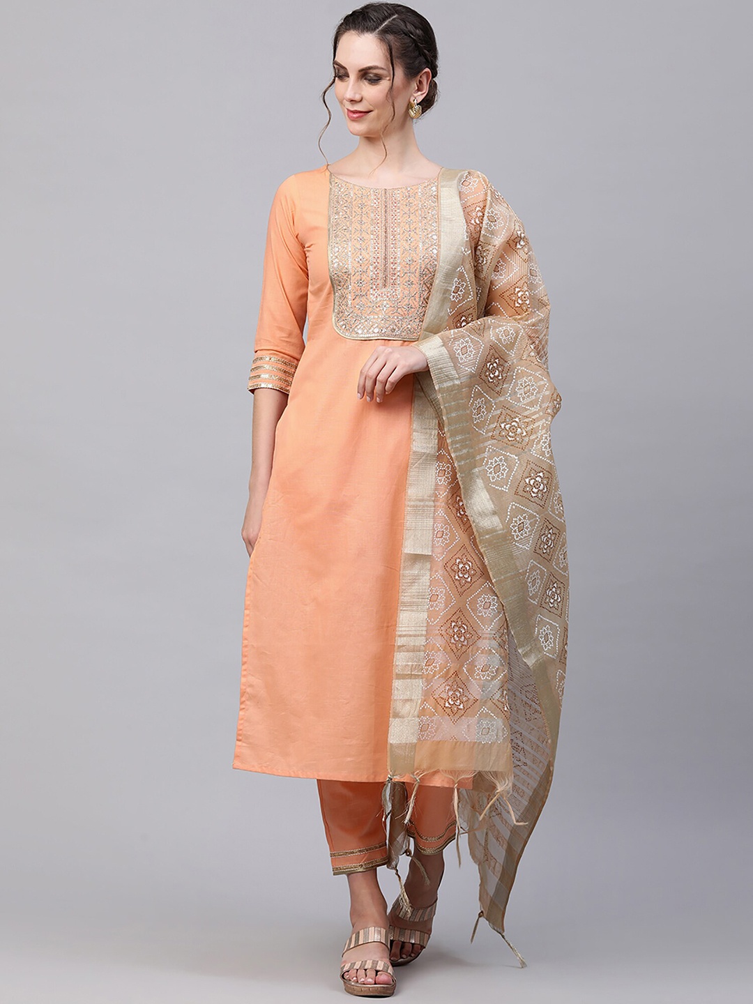 

Indo Era Women Peach-Coloured Ethnic Motifs Embroidered Kurta with Trousers & Dupatta