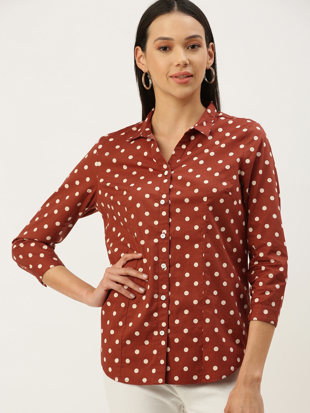 

IVOC Women Rust Slim Fit Opaque Printed Casual Shirt