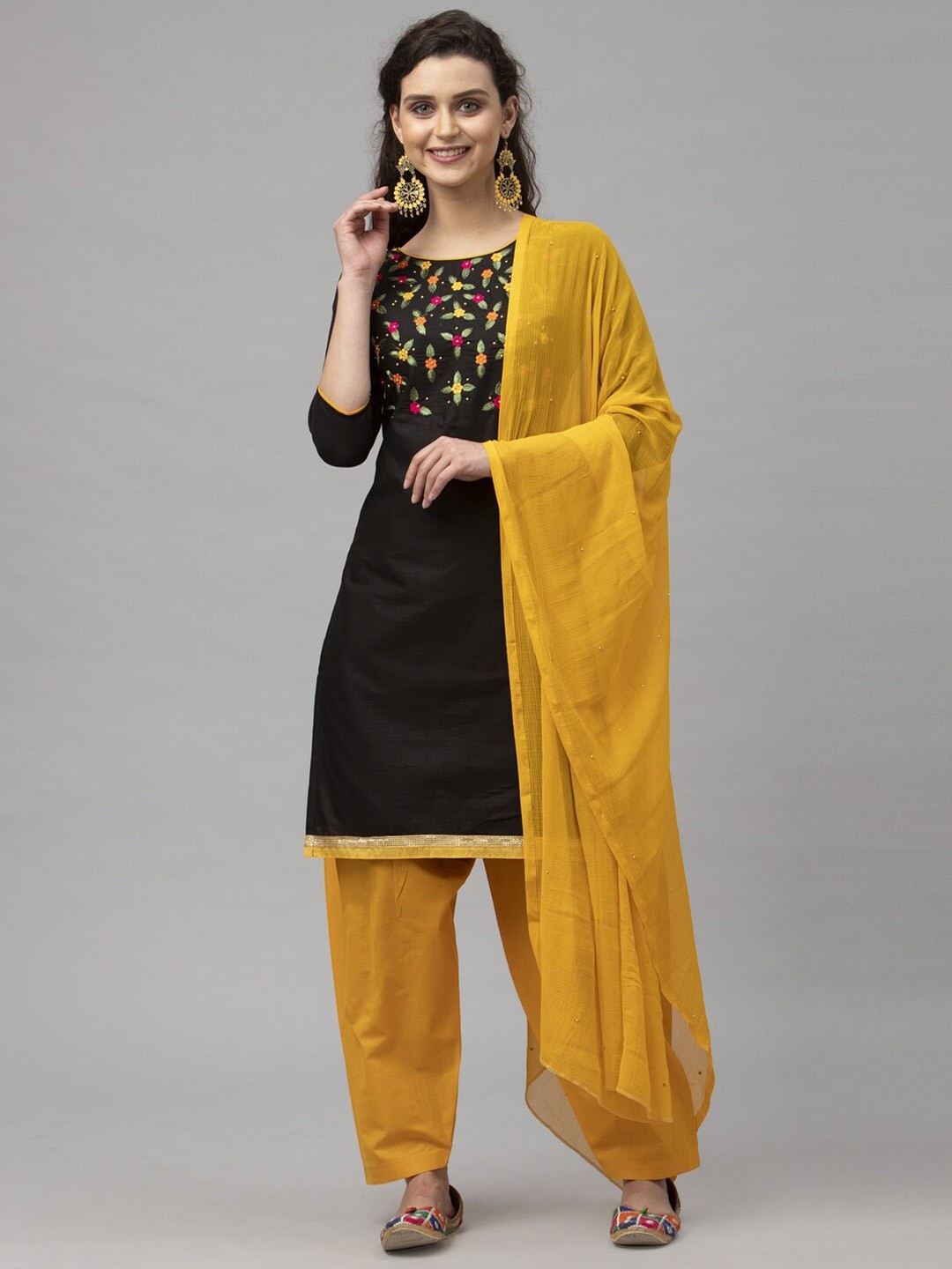 

Satrani Black & Yellow Embroidered Pure Cotton Unstitched Dress Material