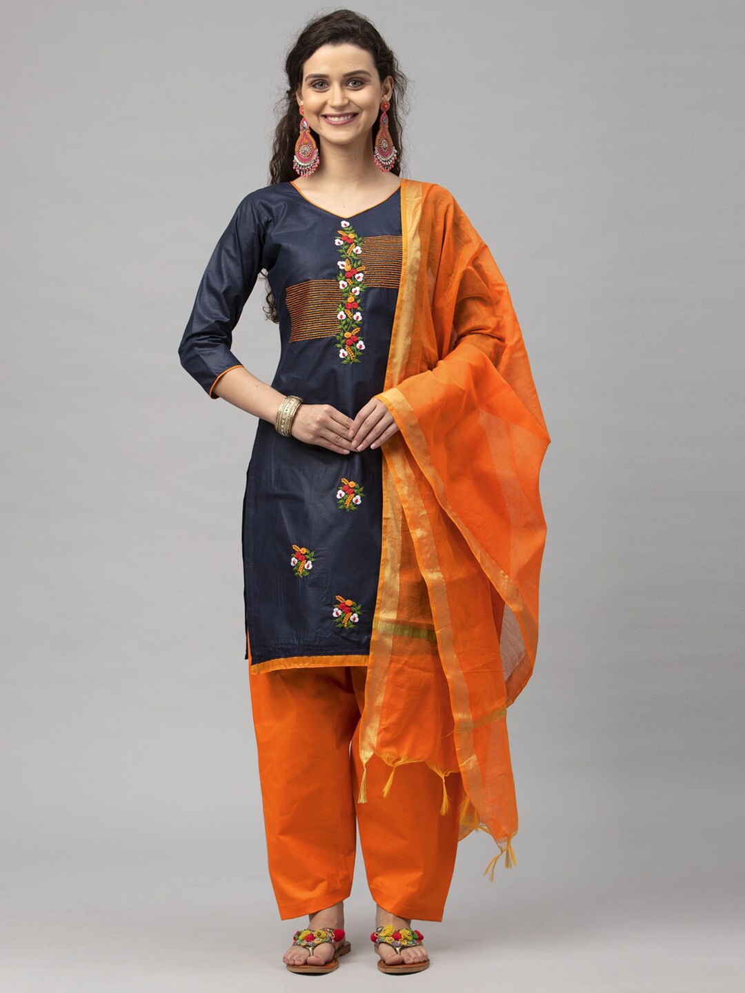 

Satrani Navy Blue & Orange Embroidered Pure Cotton Unstitched Dress Material