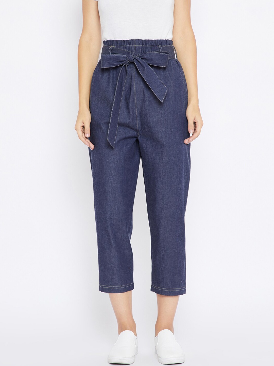 

Zastraa Women Blue Slim Fit High-Rise Peg Trousers with Belt