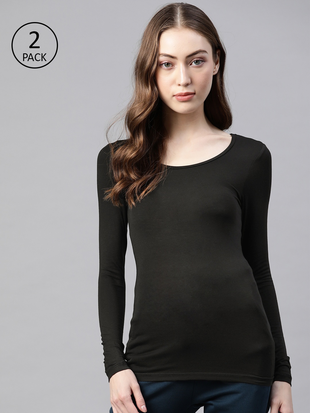 

Marks & Spencer Women Pack of 2 Black Solid Knitted Thermal Top