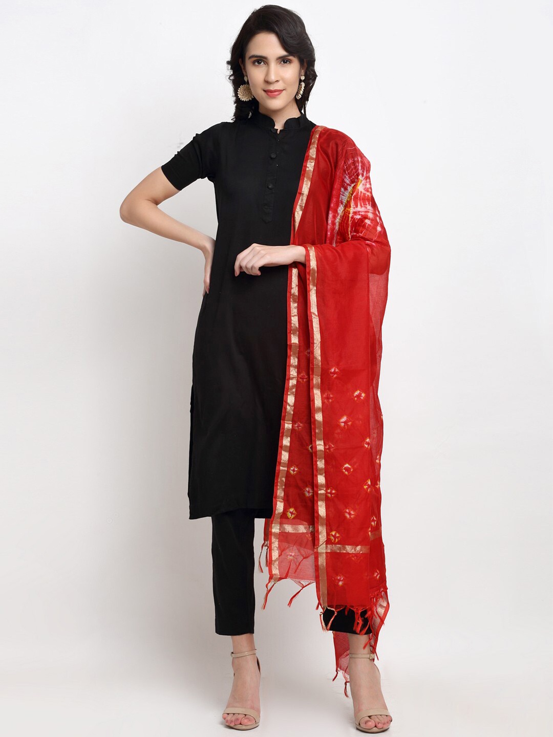 

LOOM LEGACY Red & Gold-Toned Woven Design Chanderi Cotton Silk Dupatta With Zari