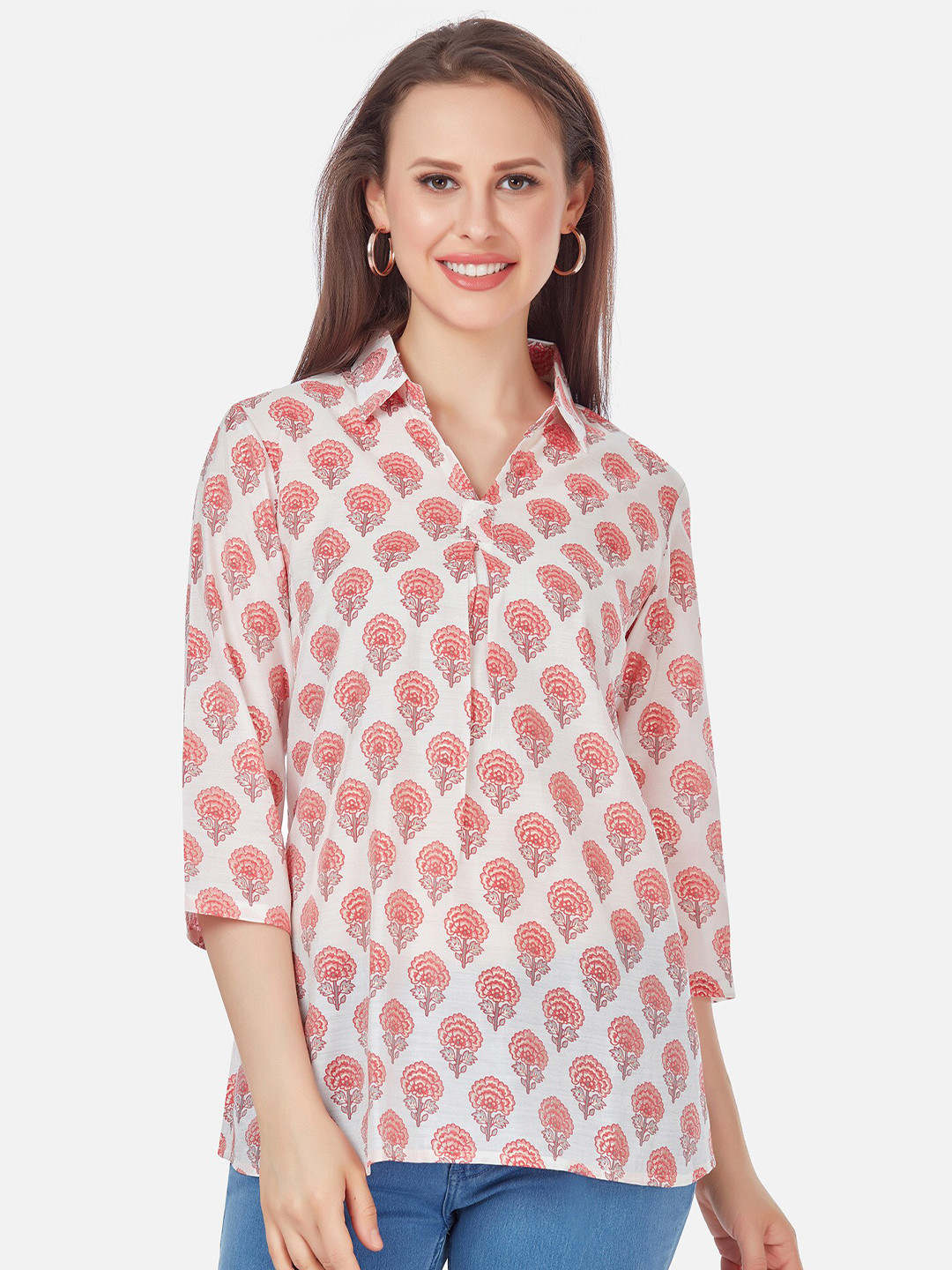 

Kiana White & Red Ethnic Motifs Printed Shirt Style Top